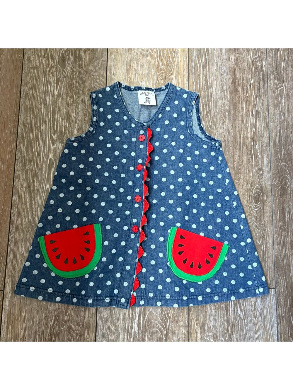 Vintage Y2K Rag-A-Muffin Kids Watermelon Pocket Polka Dot Denim Look Dress Small